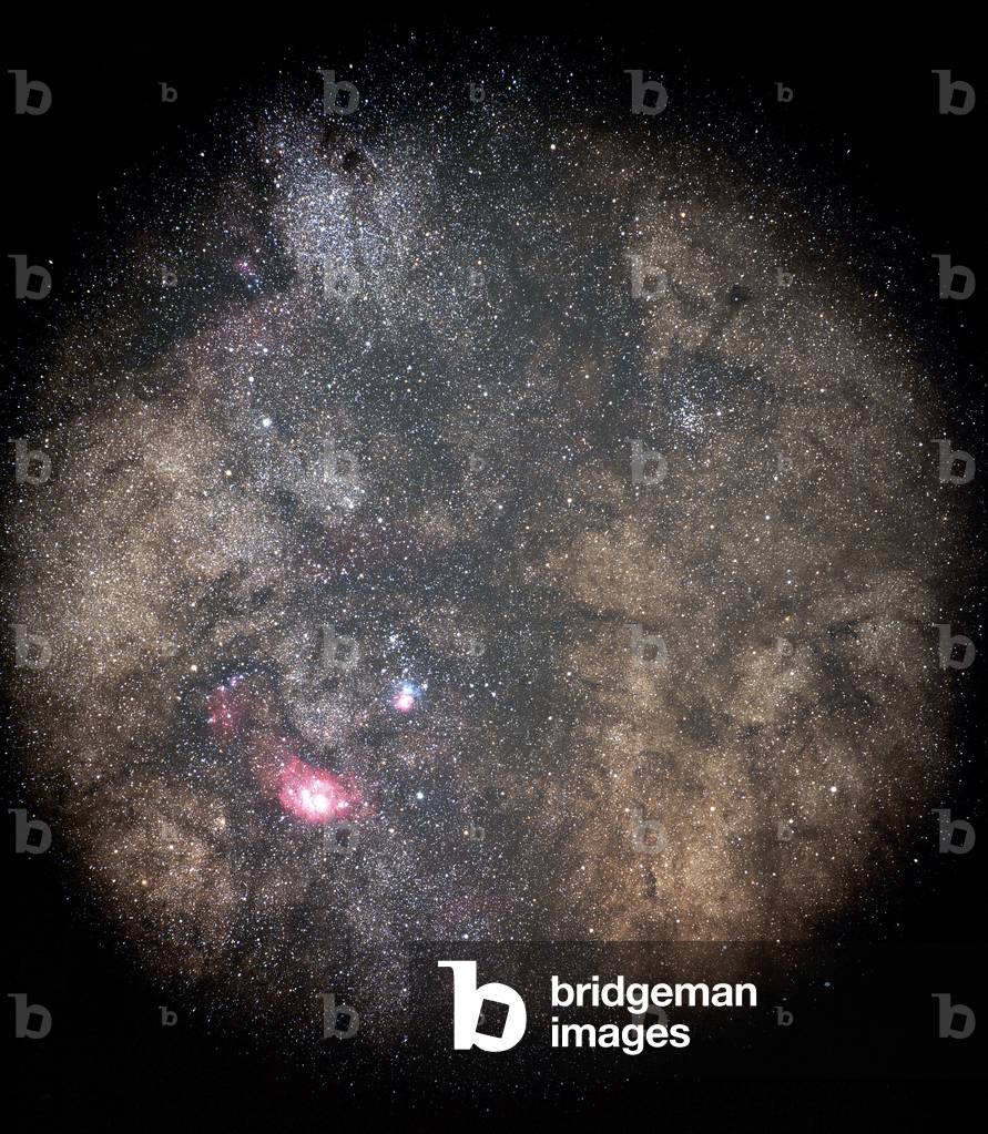 Nebulae M20 - M8 and NGC 6559 in Sagittarius - View of nebulae of the Lagoon (M8/NGC 6523), below, from Trifide (M20), above, and from NGC 6559 (left). Located in Sagittarius, these nebulae are about 5000 light years away from Earth. Top right, the M23 star cluster