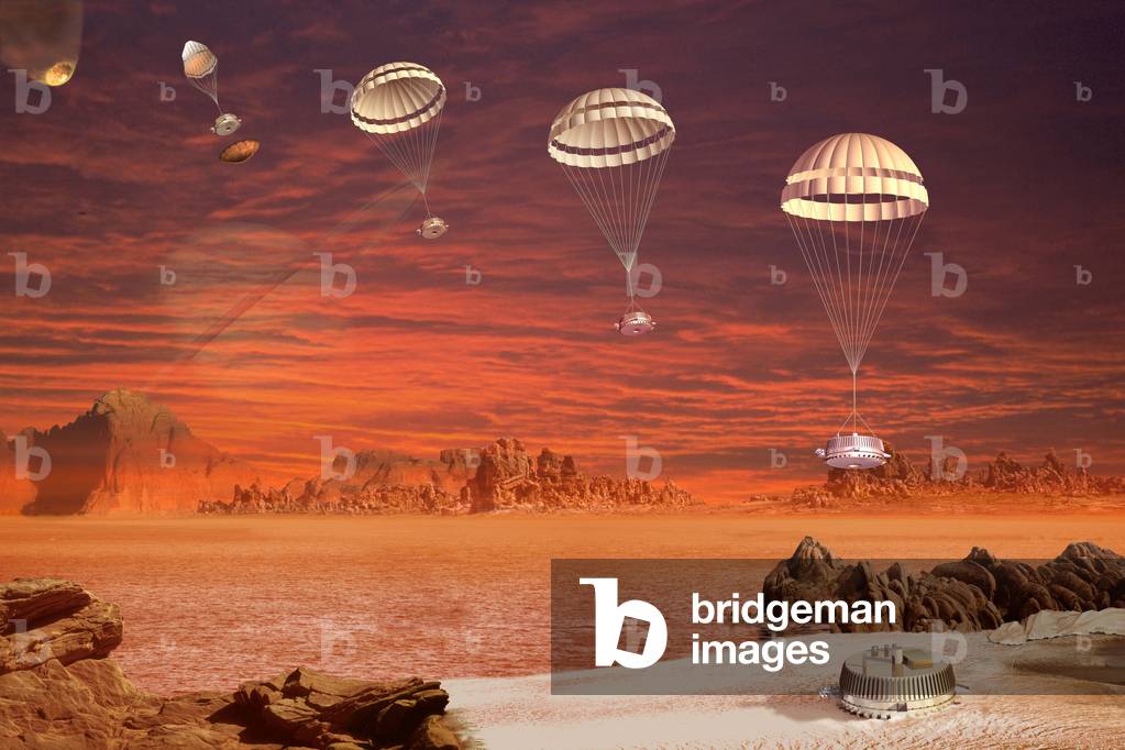 The Huygens probe lands on Titan. - Artist's view of the descent of the European probe Huygens on Titan. Huygens landed on the Titan satellite on 14 January 2005. The Cassini-Huygens probe was launched on 15 October 1997 and has been placed in orbit around Saturn since 1 July 200