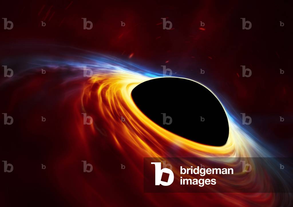 Supermassif black hole - Artist's view - Supermassive black hole with torn-apart star (artist's impression): Artist's view of a supermassive black hole in the center of a galaxy. This artist's impression depicts a rapidly spinning supermassive black hole surrounded by an accretion disc. This thin disc of rotating material consists of the leftovers of a Sun-like star which was ripped apart by the tidal forces of the black hole. Shocks in the colliding debris as well as heat generated in accretion led to a burst of light, resembling a supernova explosion
