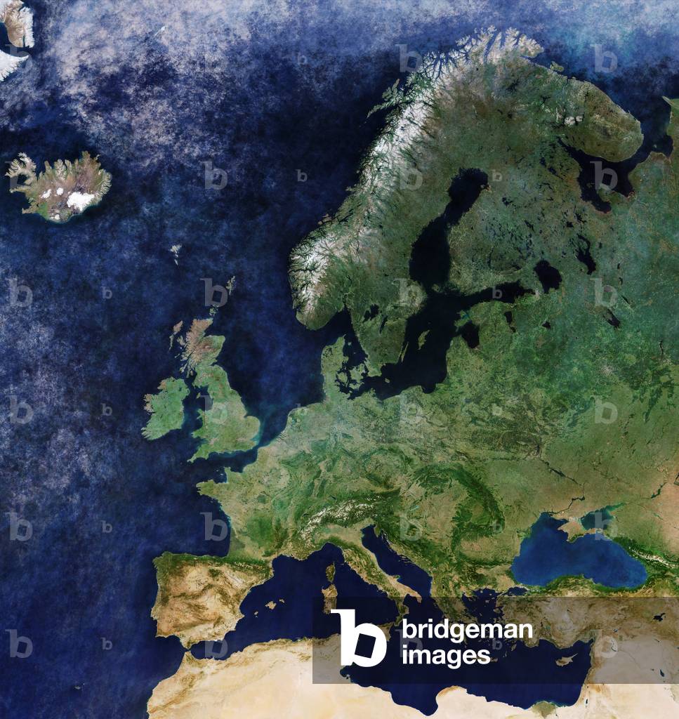 Cloud-free Europe seen by the satellite Copernicus Sentinel-3A. Mosaic of images obtained by satellite from Ma