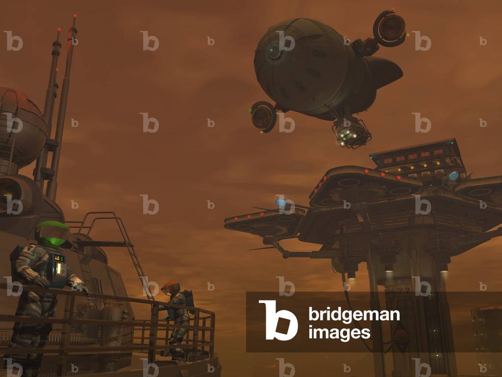 Base on Titan - Illustration - Titan 2121: Departing blimp - Astronauts on a mining base on the surface of Titan. 100 years from now space exploration may have evolved to space exploitation on some very exotic worlds. Could it be possible that some day a natural resource of extraordinary value could be found on a world 700 million miles away? a resource that would justify an unprecedented investment in an infrastructure capable of bringing these resources to market? This image suggests how a large - scale mining operation on the surface of Saturn's moon Titan might appear