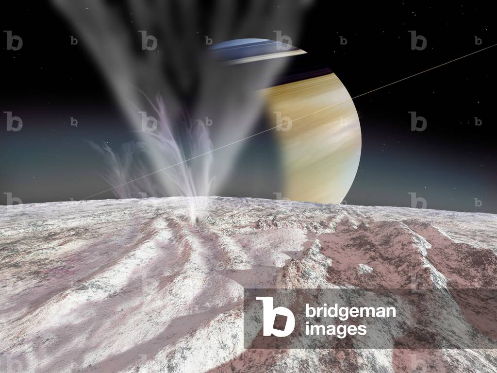 Artist's view of the ice fountains on Enceladus - Artist's view of the ice jets on the surface of the Encelade satellite observed by the Cassini probe. It would appear that these particles feed the E ring of Saturn, which was previously unknown