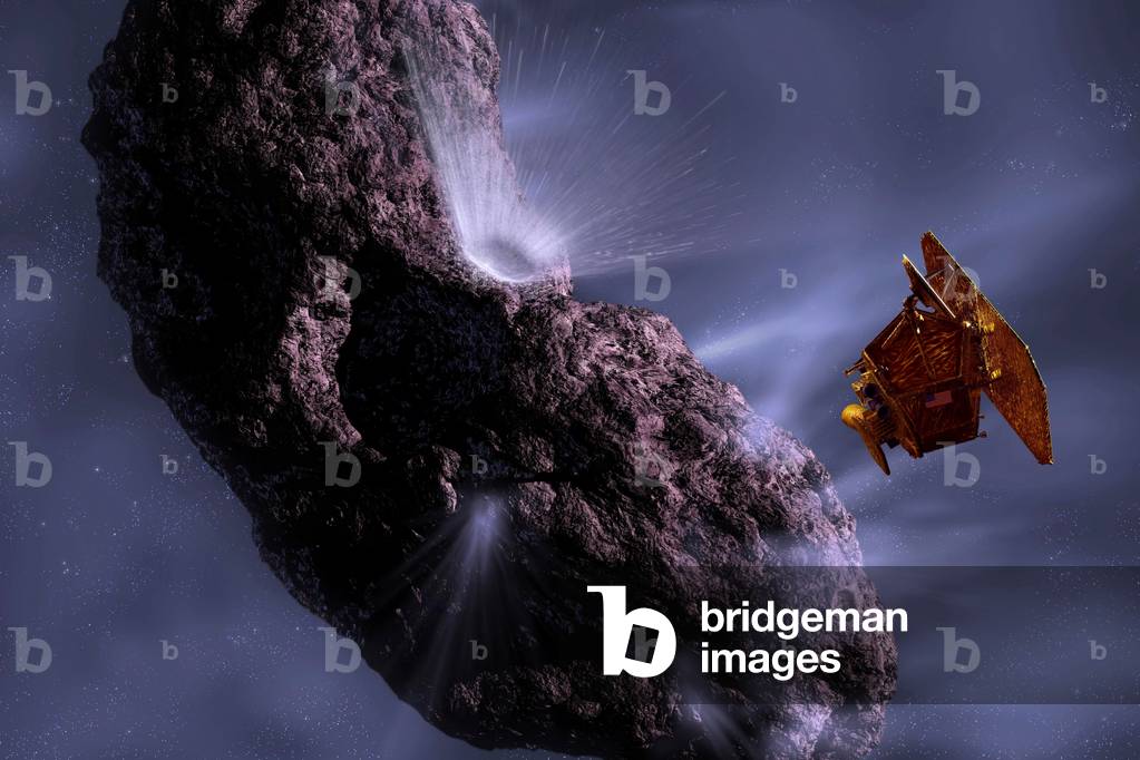 Deep impact probe and Tempel 1 comet - Artist's view - The Deep impact probe was launched on 12 January 2005 with the objective of studying the internal composition of the comet Tempel 1