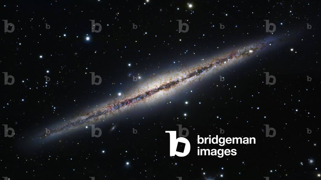 Galaxy NGC 891 in Andromede - Edge - on spiral galaxy NGC 891 in Andromeda - Spiral galaxy seen by the slice located at a distance of 10 million years - light. Composite image (Subaru, HST and a 90 cm telescope). Located about 10 million light years from Earth, NGC 891 is one of the most photographed edge - on spiral galaxies in the northern skies. Composite Image made from Three Data Sources: 8.2 Meter Subaru Telescope (NAOJ), Hubble Space Telescope, West Mountain Observatory, BYU
