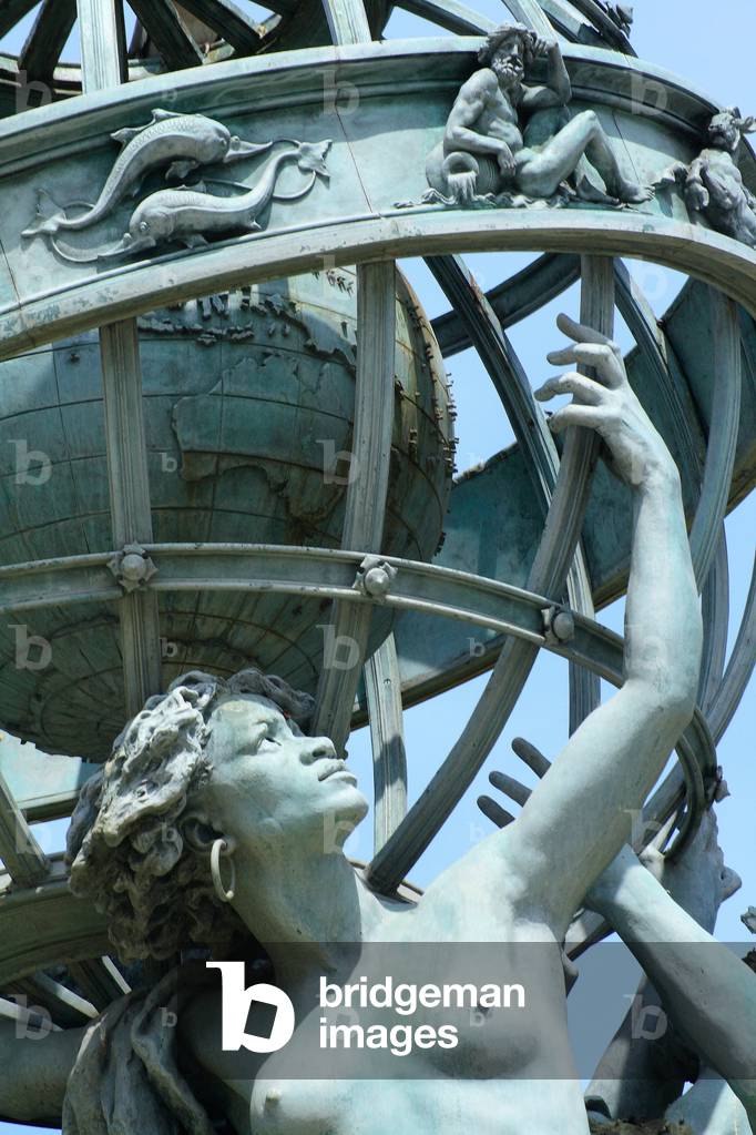 Fontaine des Quatre parts du monde (Paris 6eme) - Fontaine de l'Observatoire - Detail of the fountain located on the meridien of Paris, in the Marco Polo garden, close to the Observatory. Designed by architect Gabriel Davioud, it represents four young women symbolizing the four main continents, lifting a sphere centred on Earth and girded by the zodiac. The Fontaine de l'Observatoire is a monumental fountain located south of the Jardin du Luxembourg in the 6th arrondissement of Paris, with sculpture by Jean - Baptiste Carpeaux. It was dedicated in 1874. It is also known as the Fontaine des Quatre - Parts - du - Monde, for the four parts of the world embodied by its female figures