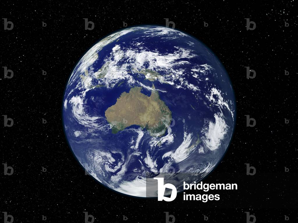 Earth by satellite - Earth seen by satellite - Earth seen by satellite centree on Australia. Image recomposed from data obtained by the Terra satellite and its MODIS (Moderate Resolution Imaging Spectroradiometer) instrument. A star sky has been added. Global Earth centered on Australia seen by the satellite Terra. Composite image with a starry sky in background