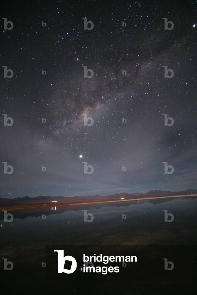 Lactee and Jupiter - Milky Way with Jupiter - The Lactee Way and the brilliant Jupiter Planet are reflected in the waters of Laguna Cejar. Atacama Desert, Chile. June 2008. Milky way with bright planet Jupiter are reflecting in the water of Laguna Cejar. Atacama desert, Chile, June 2008
