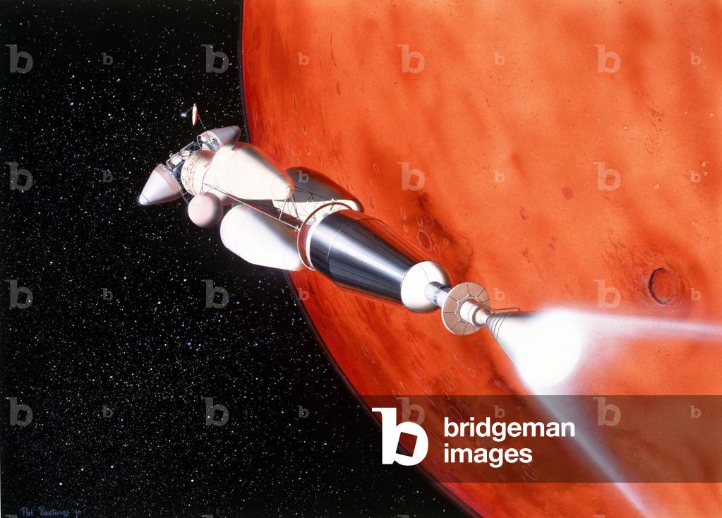 Mission habitee vers Mars-Vue d'artiste - Manned mission to Mars - Artist view - Fusee a nuclear propulsion. A nuclear thermal rocket fires upon arrival in the vicinity of Mars to insert the transfer vehicle into orbit. Nuclear propulsion can shorten interplanetary trip times and can reduce the mass launched from Earth. As the primary transfer propulsion system, the spaecraft's reactor would remain inactive until departure from Earth orbit