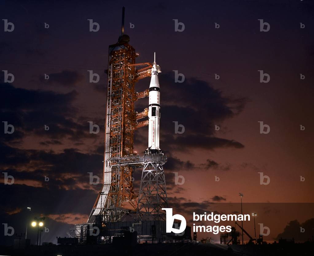 Apollo - Soyuz: rocket on the fire pitch - View of Apollo/Saturn space vehicle. Jul 02 1975 - View of the American rocket Apollo/Saturn 1B on its firing pitch. 02/07/1975. Apollo - Soyuz Saturn IB SA - 210 on the launch pad awaits the launch scheduled on July 15, 1975 on the launch pad at the Kernedy Space Center, the ASTP mission with astronauts Thomas Stafford, Vance Brand, and Donald “” Deke””” Slayton. The Saturn IB launched five manned Earth - orbital missions between 1968 and 1975: Apollo 7, Skylab 2, Skylab 3, Skylab 4, and the Apollo - Soyuz Test Project