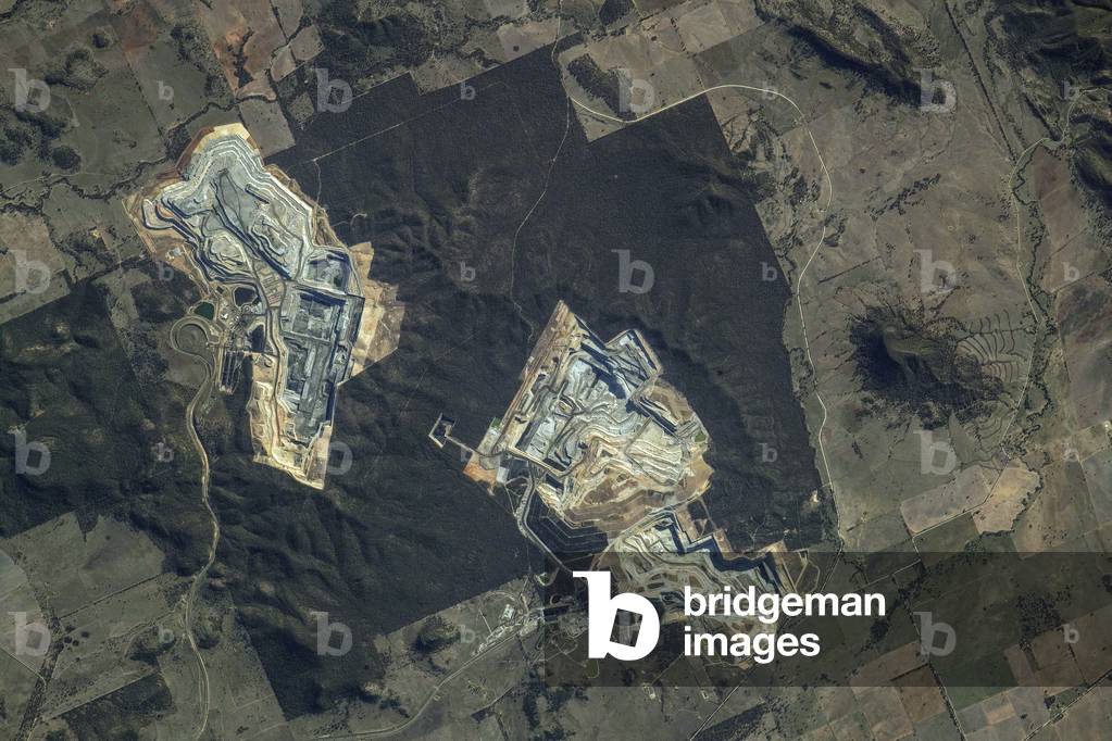 Open pit coal mines in New South Wales with Maules Creek Coal Mine at left and Boggabri coal mine at right. Image taken from the international space station in september 2018