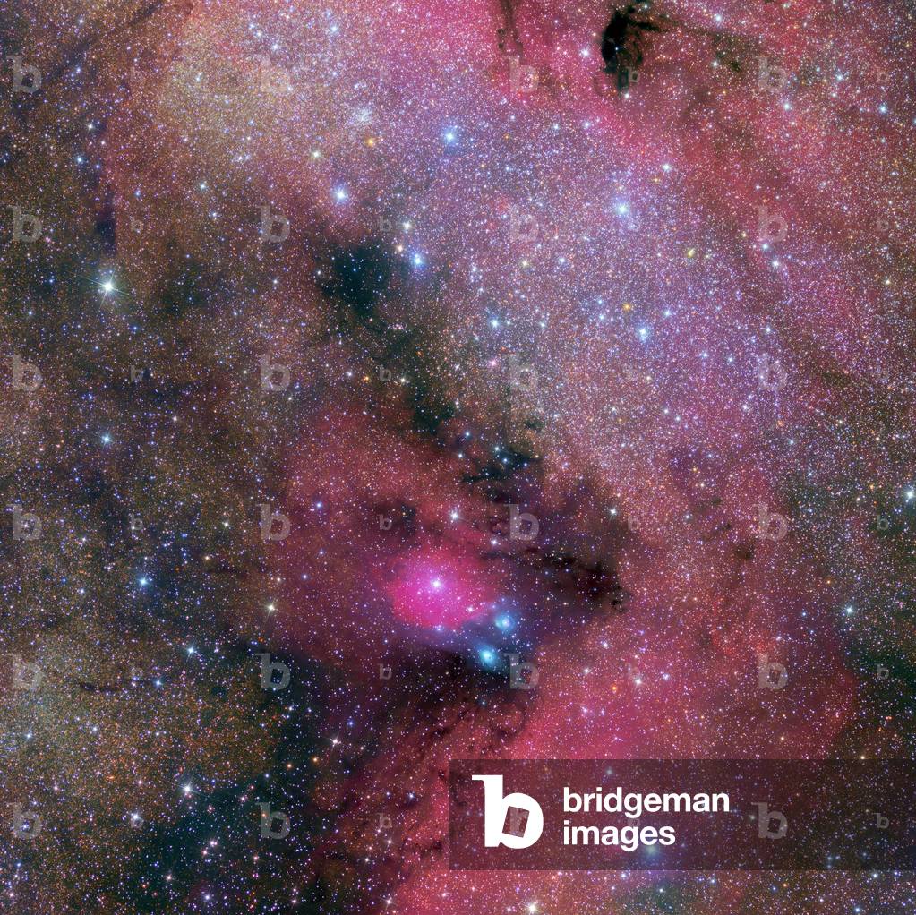 Nebulae IC 1283 - 84 and NGC 6589 - 90 in Sagittarius - Starfield in Sagittarius. Nebulae IC 1283 - 84 and NGC 6589 - 90 - Star field in Sagittarius with nebulae IC 1283 - 84 and NGC 6589 - 90 and M24 in the middle of the image. The emission nebulae IC1283 - 4 are near center with the two small reflection nebulae NGC6589 - 90 nearby. The large red area in the lower right is a portion of Sh2 - 35. M24 is the dense star region right of center