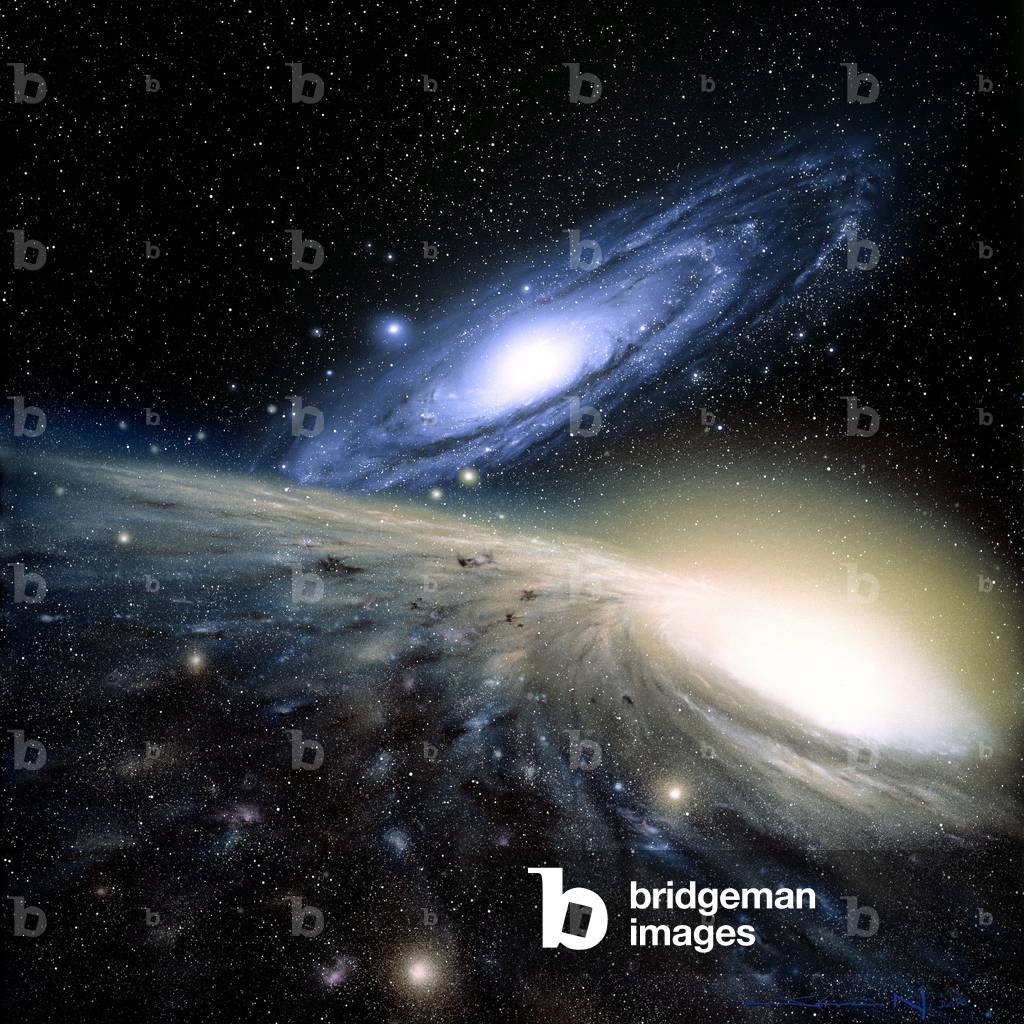 The lactee path and galaxy of Andromede - Milky Way collides Andromeda galaxy. Artwork - The lactee lane collides with the Andromed Galaxy