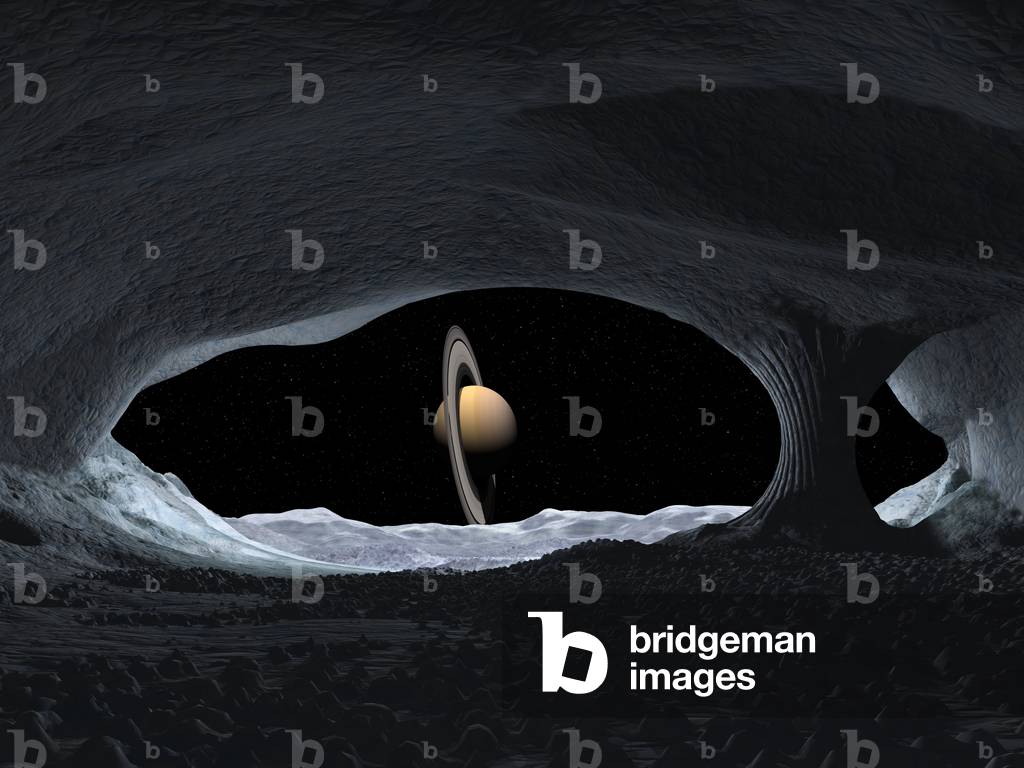 Saturn seen from its satellite Japet - Iapetus ice cave - The planet Saturn seen from the inside of an ice cave on the satellite Japet. This is how Saturn might appear from within a hypothetical ice cave on the surface of Iapetus. As of yet there is no evidence that such caves exist