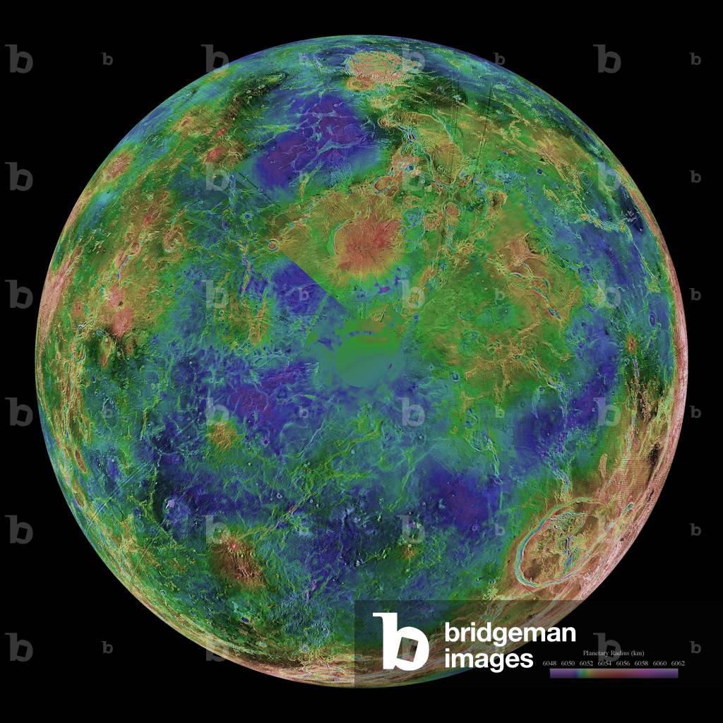 Venus radar view centred on the south pole - Global view of the planet obtained from radar data transmitted by the Magellan probes (98% of the data), Pioneer Venus, Venera, and the Arecibo Observatory. The color code used corresponds to the elevation