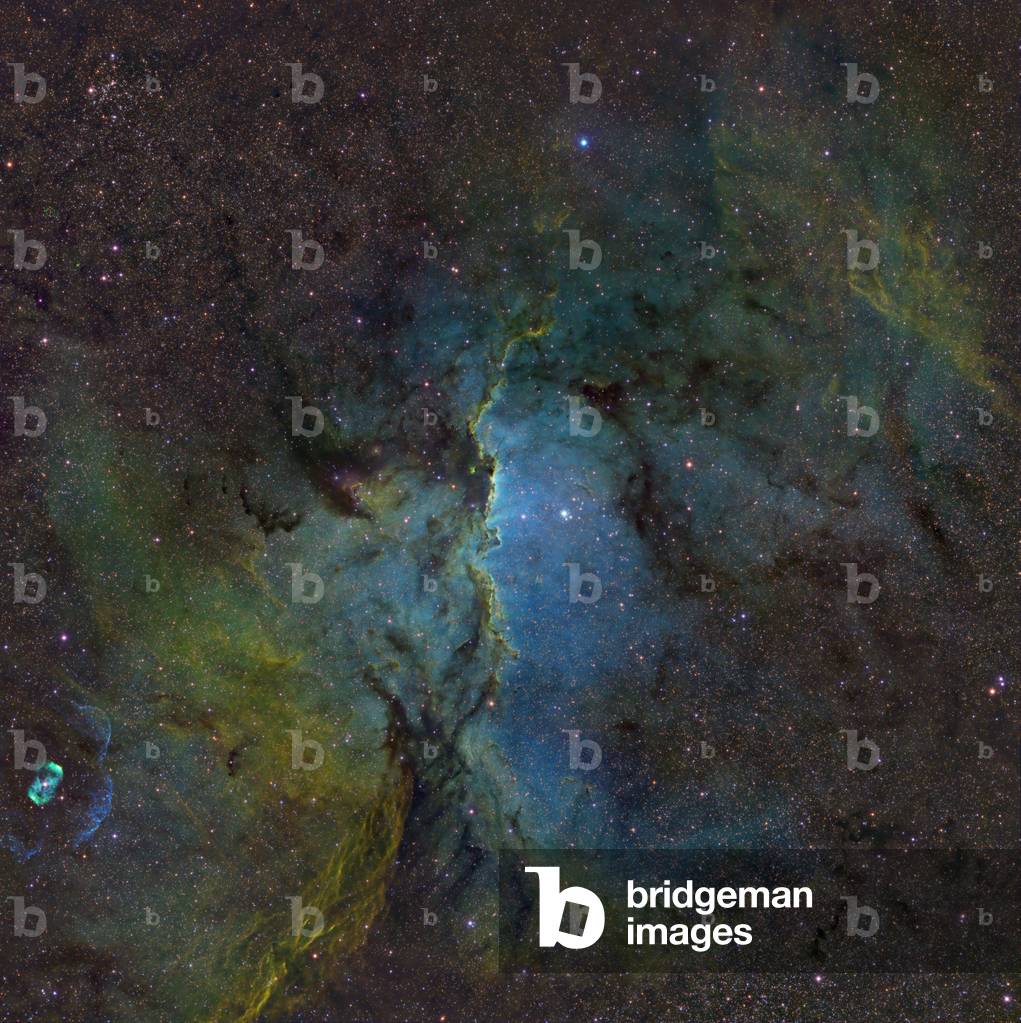 Nebula NGC 6188 in the Altar - NGC 6188 nebula in Ara - Nebula NGC 6188 is located about 4000 years from Earth. It is home to a cluster of young stars NGC 6193, formed three million years ago. Lower left, nebula NGC 6164. Image obtained through 3 different filters that highlight oxygen (blue), hydrogen (green), and sulfur (red). NGC 6188 is a red emission nebula located in southern constellation of Ara, about 4000 light years away. Inside of it, a young 3 million year star cluster. NGC 6193. The hottest stars of the cluster, two closely spaced O - type giants HD 150135 and HD 150136, (the bright stars in the image) are the illumination source of the emission nebula. Bottom left is the nebula NGC 6164. This image is in the classic “” Hubble palette”” where SII is assigned to red, H - alpha to green, and OIII to blue. RGB frames were taken for star colors
