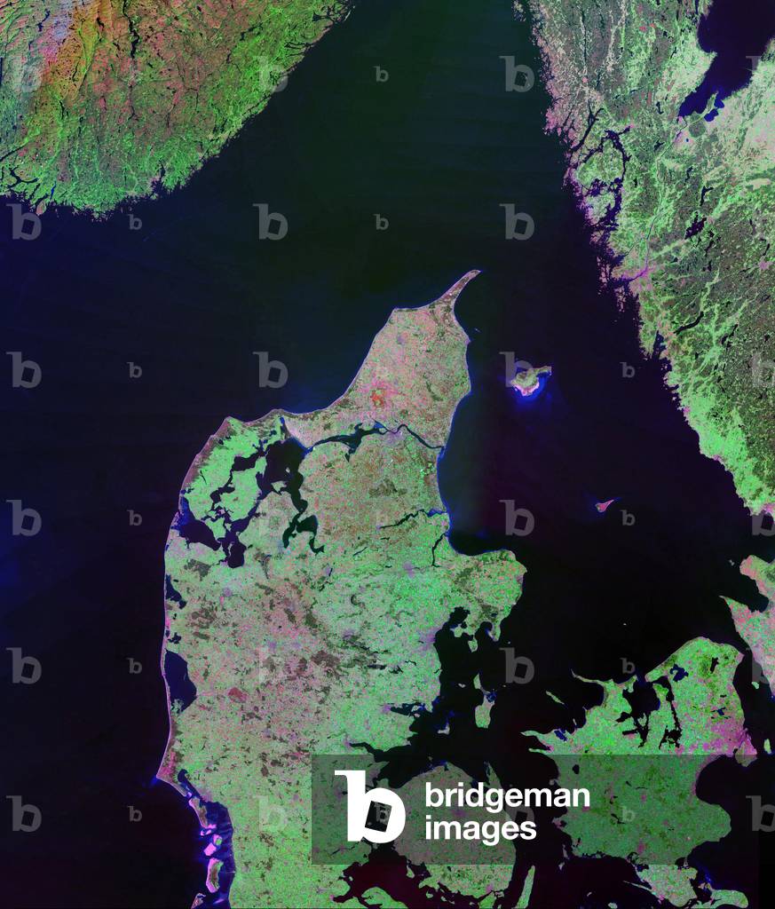 Denmark seen by satellite - Denmark seen from satellite - Mosaic of mages obtained by satellites Landsat 4 and 5. Mosaic of images taken by the satellites Landsat 4 and 5