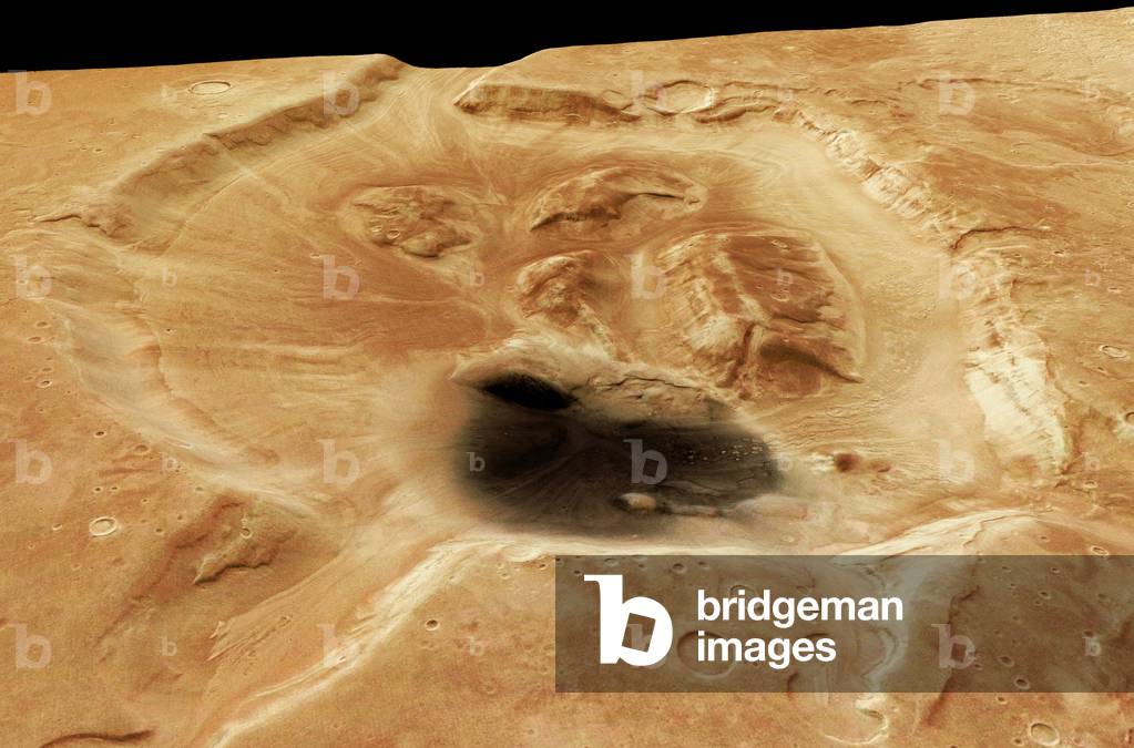 Mars: crater in Myers Valles - Mars: crater in Myers Valles - Mamers Valles is a valley about 1000 km long located in the region of Deuteronilus Mensae, north of Arabia Terra. The image obtained by the Mars Express probe on 5 August 2006 shows a crater at the end of this valley. This circular formation measures about thirty kilometres in diameter and is 1400 metres deep. There are traces of flow of material probably composed of water ice, similar to the relief left by the passage of glaciers on Earth. The darker area could be caused by local erosion or wind-driven material. The High - Resolution Stereo Camera (HRSC) onboard the ESA spacecraft Mars Express obtained images focusing on a depression that displays a crater at the end of the long, winding valley, Mamers Valles. The data was obtained on 5 August 2006 with a ground resolution of approximately 14 m/per pixel. The image is centred at approximately 39* north and 17* east on the planet. The valley of Mamers Valles is approximately 1000 km long, running along the boundary between the northern lowlands and southern highlands in the region of Deuteronilus Mensae. This region shows numerous deep and wide labyrinth - like valleys and circular depressions which often show structures formed by flowing liquid on their even floors. The structures formed by the flows are thought to be ice - rich debris flows. They show some resemblance to block glaciers seen on Earth. The patches of rock at the centre of the depression are thought to be remnants of rock detached from the flanks of the depression and transported into its centre. The wrinkle ridges, are formed by compressive forces acting on the surface. The dark coloured material inside the crater could have formed in - situ or was transported by the wind. The depression is approximately 30 km wide and 1400 m deep