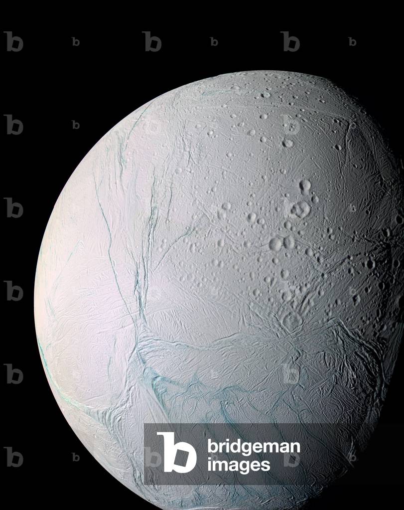Enceladus, satellite of Saturn, seen by Cassini - Enceladus, satellite of Saturn, seen by Cassini - Mosaic of 21 images obtained by the Cassini probe during the overflights of this satellite on 9 March and 14 July 2005. The image shows the southern hemisphere of Enceladus. Many faults are visible and the area near the south pole is zebree of blue faults that would house pockets of liquid water.