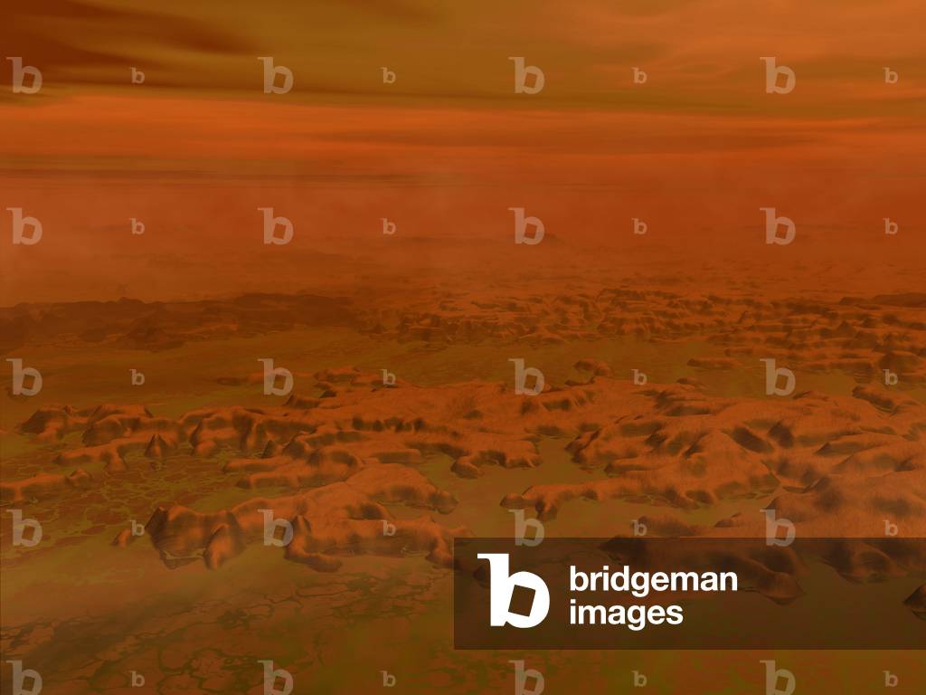 Oil Marsh on Titan - Ethane swamp on Titan - Artist's view of an ethane marsh on the surface of Titan. Initially astronomers thought that Titan's entire surface may be covered by a liquid hydrocarbon ocean. More recent observations in infrared wavelengths suggest otherwise. In this image the artist is suggesting that Titan may be host to extremely cold ethane - methane swamps