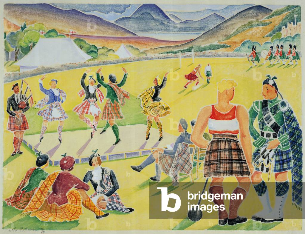 The Highland Games (colour woodcut) 20th by Mary Viola Paterson