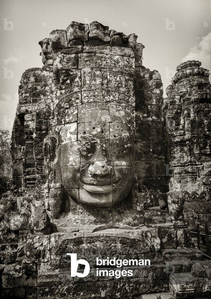 Tower at the Bayon temple, Angkor, Cambodia (b/w photo)