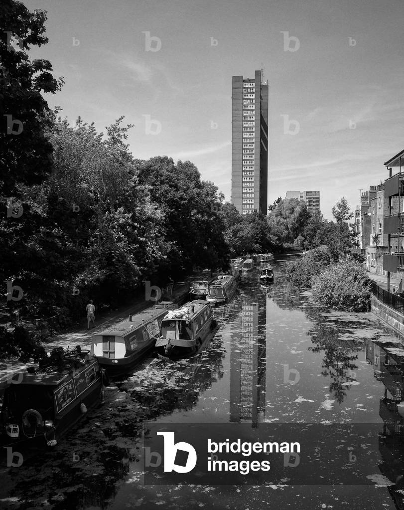 Trellick Tower overlooking the Grand Union Canal, London, 2015 (b/w photo)