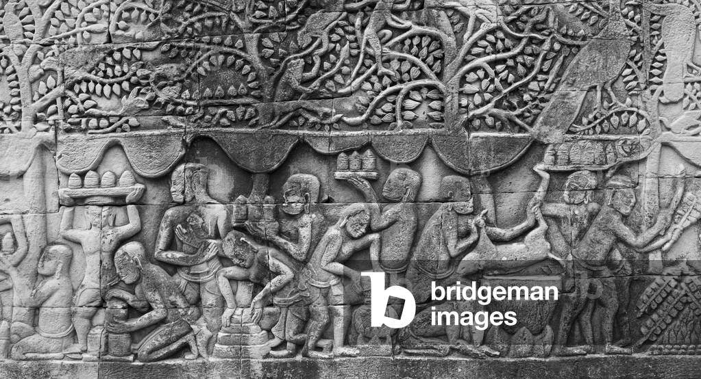 Bas-relief at the Bayon temple, Angkor, Cambodia (b/w photo)
