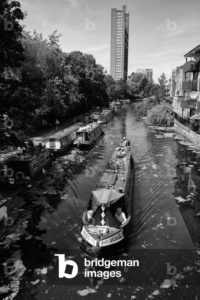 Trellick Tower overlooking the Grand Union Canal, London, 2015 (b/w photo)