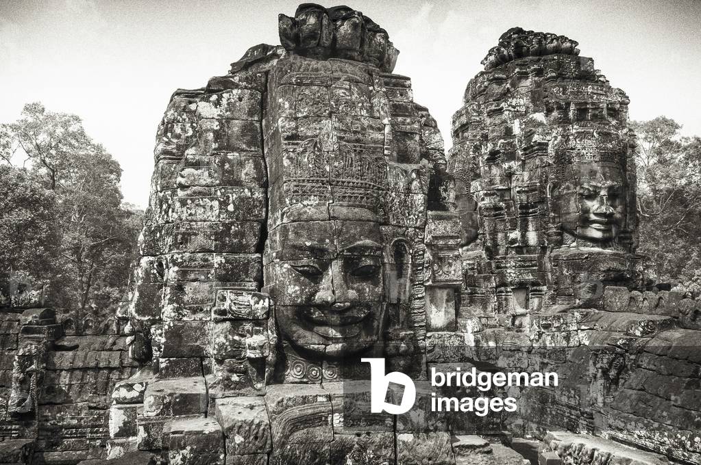 Tower at the Bayon temple, Angkor, Cambodia (b/w photo)