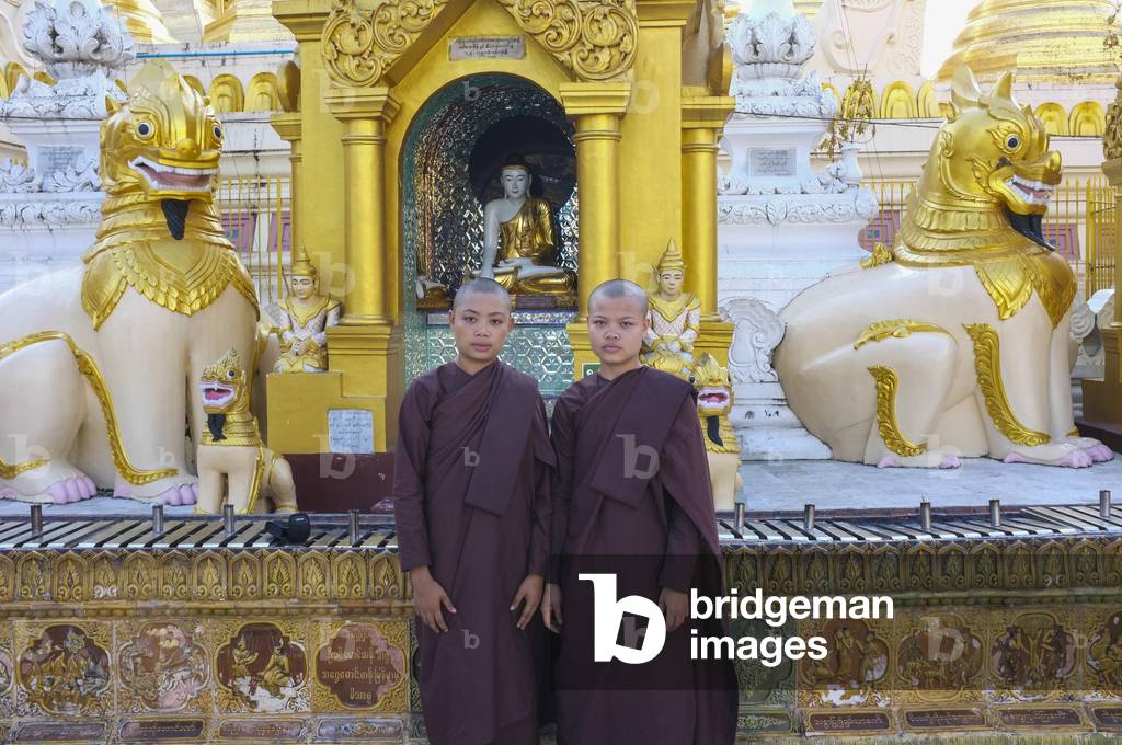 Novice nuns at the Shwe Dagon Pagoda, Yangon, Burma (photo)