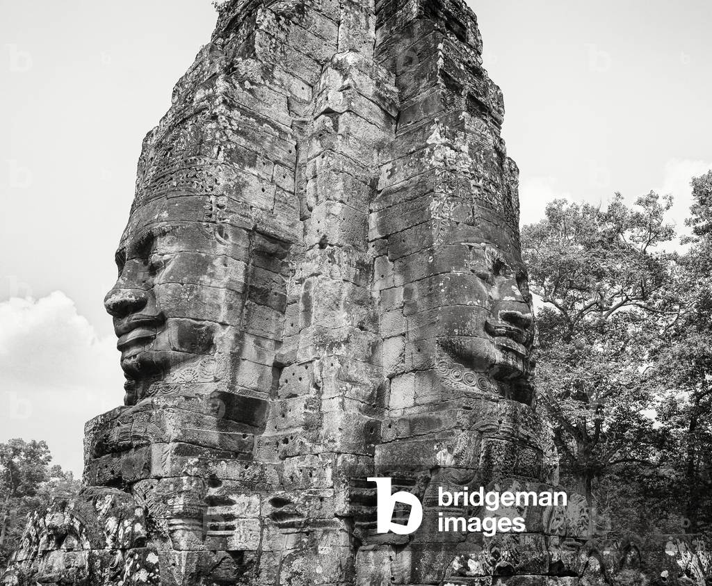 Tower at the Bayon temple, Angkor, Cambodia (b/w photo)