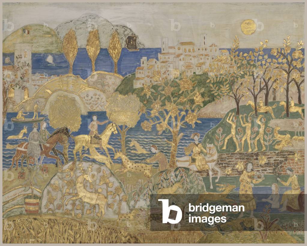 Hill Town, c.1928 (tempera, graphite, & gold leaf on incised, gessoed panel)