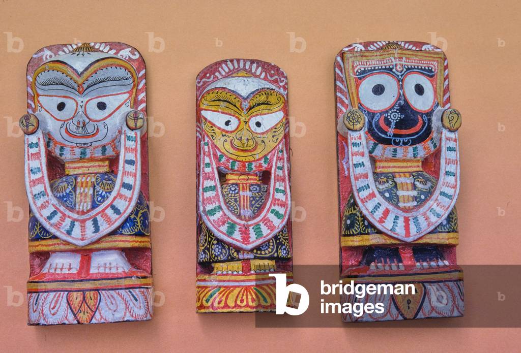 Lord Jagannath, lord of the universe, form of Vishnu, with brother Balabhadra and sister Subhadra, 1982 (photo)