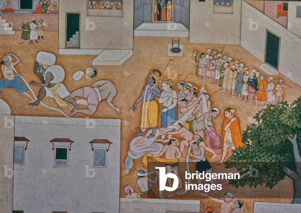Krishna and Chandura and the wrestlers, Krishna Legend, Miniature Painting, Baroda, India