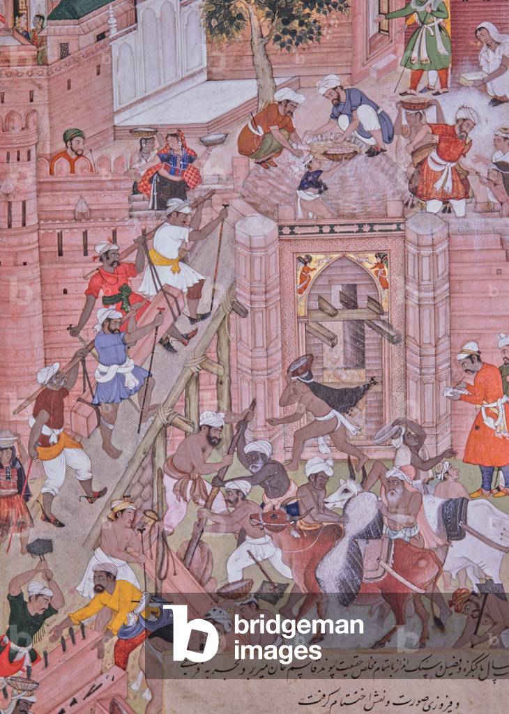Akbar the Great supervising the building of Fatepur Sikri, Agra, India, Miniature Painting