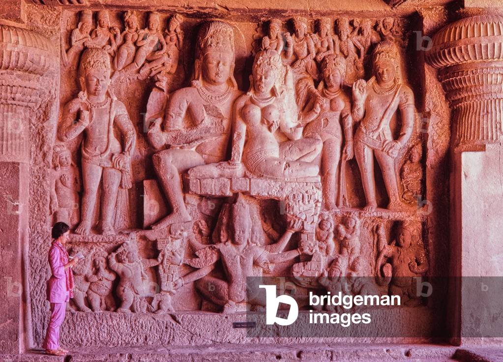 Siva and Parvati on Mount Kailasa, Sculpture, Ellora Caves, India, 1970 (photo)