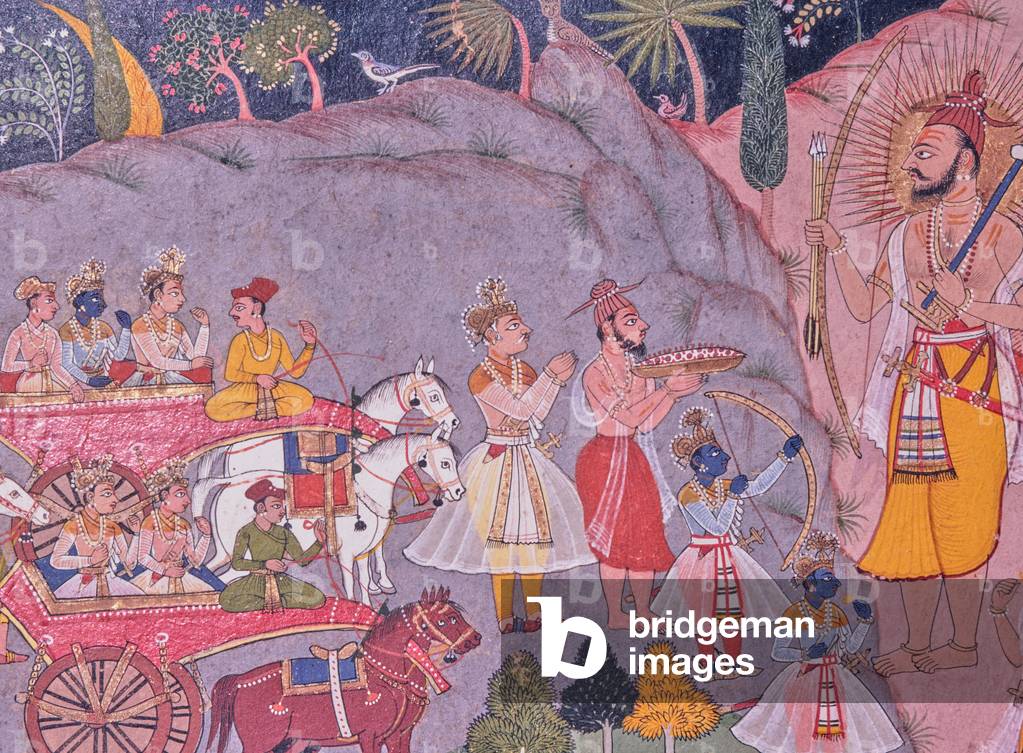 Rama and Parasu Rama after breaking bow of Sita, Ramayan, Miniature Painting, Indian School