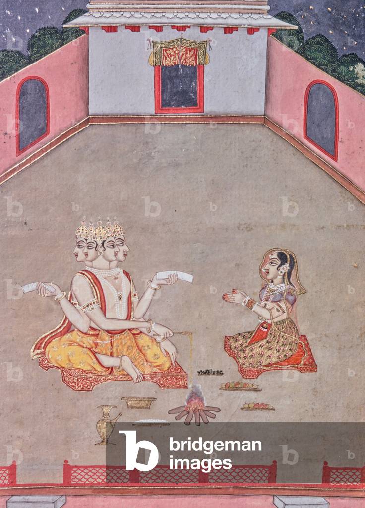 Brahma with female devotee, Miniature Painting, India, 1970