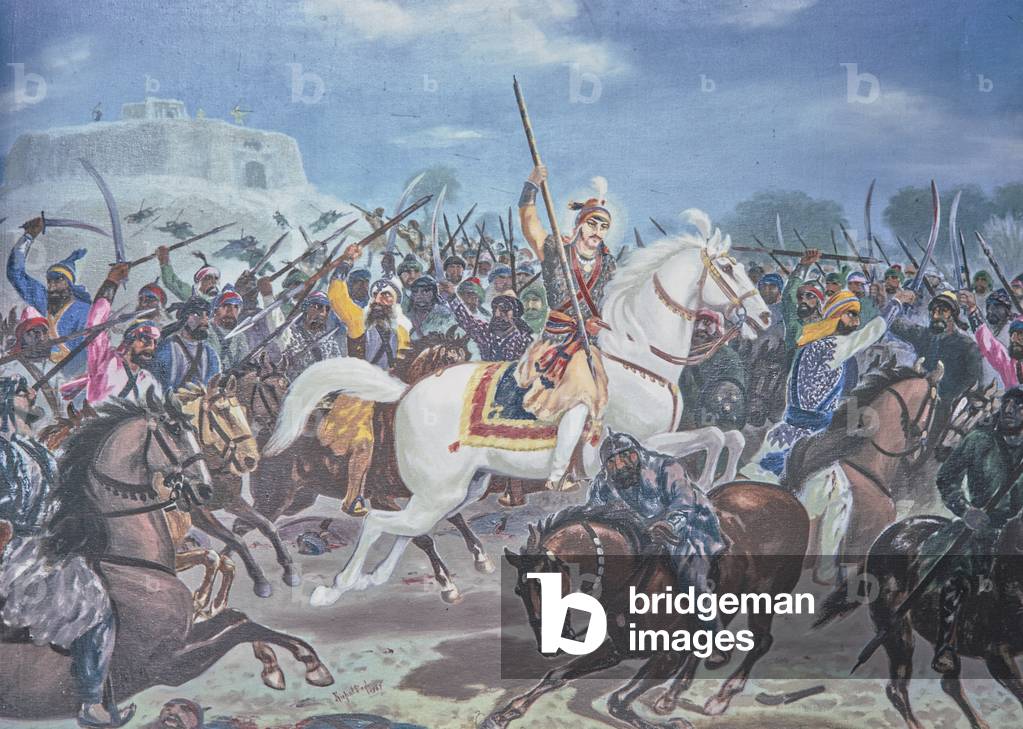 Battle of Anandpur, Guru Gobind Singh fighting the Muslims, Guru Gobind Singh's son on white horse, GGS Bhavan, Punjab University, India, Mural painting