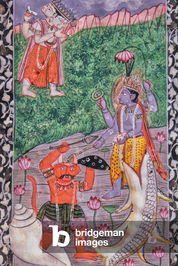 Vishnu on Matsya the fish, first avatar, India (miniature)