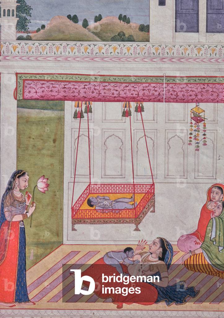 Krishna in his cradle, Krishna Legend, Miniature Painting, Indian School
