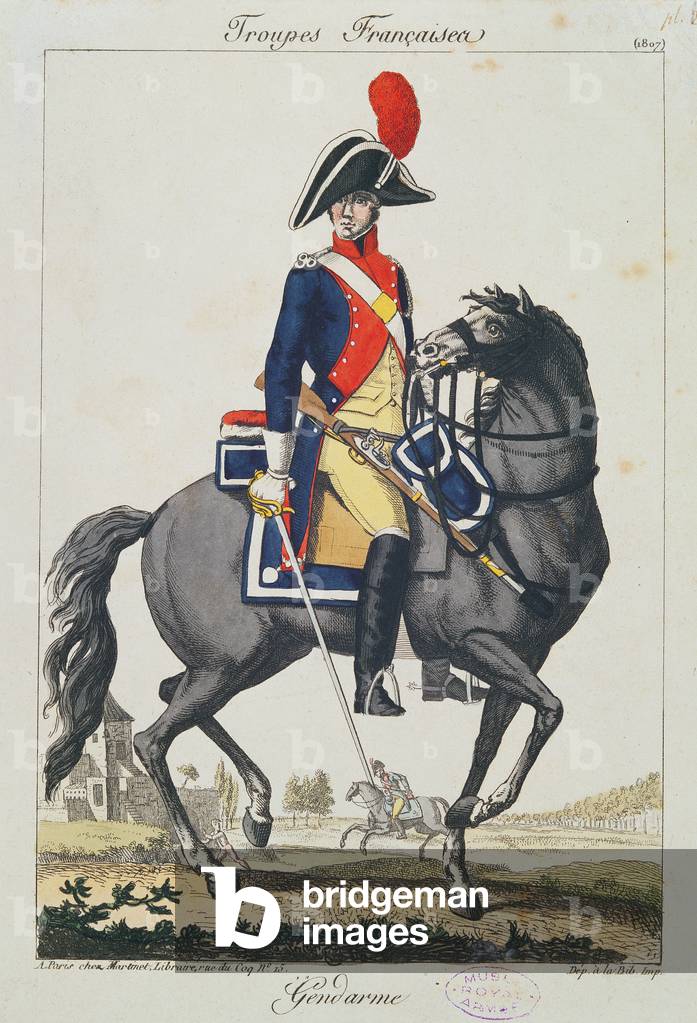 Gendarme mounted on a horse, 1807 (colour engraving)