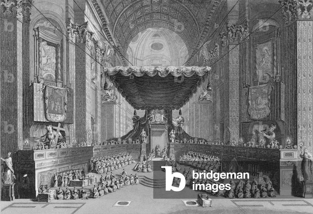 Canonization of Saints in St. Peter's Church in Rome, in 1712, engraved by T. Brown, from 'World Religion', published by A. Fullarton & Co. (engraving)