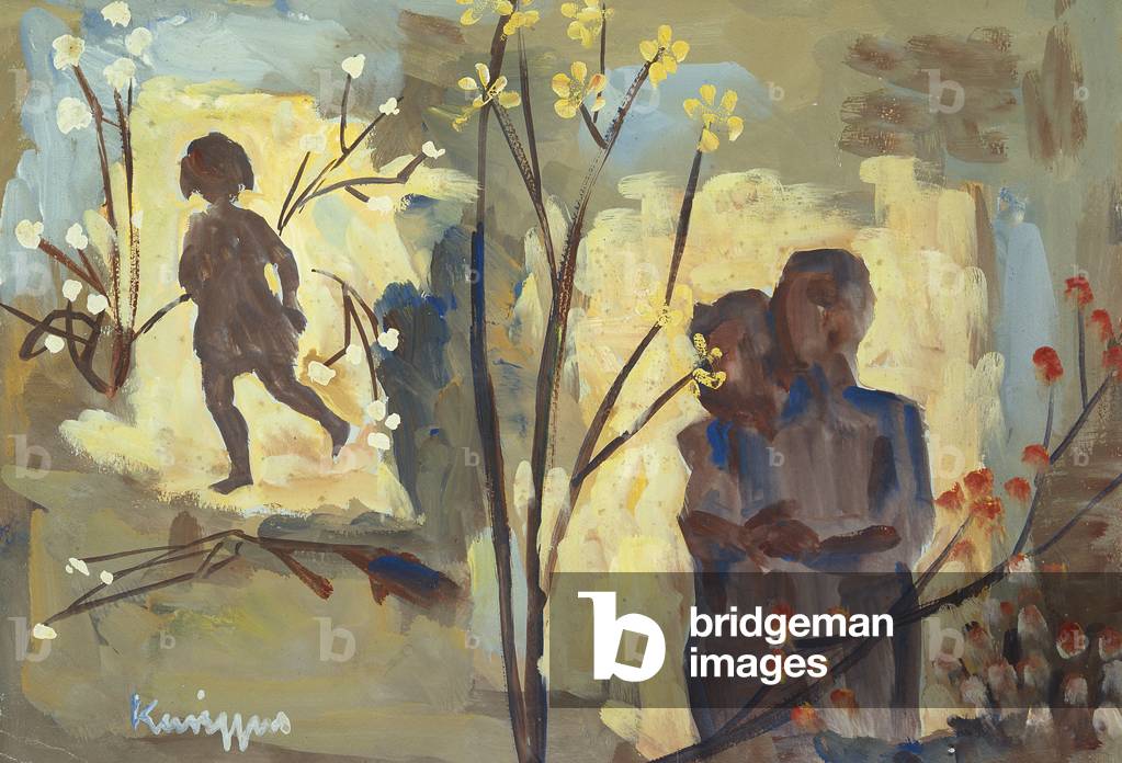 Three Figures Among the Trees (gouache, oil & charcoal on paper)