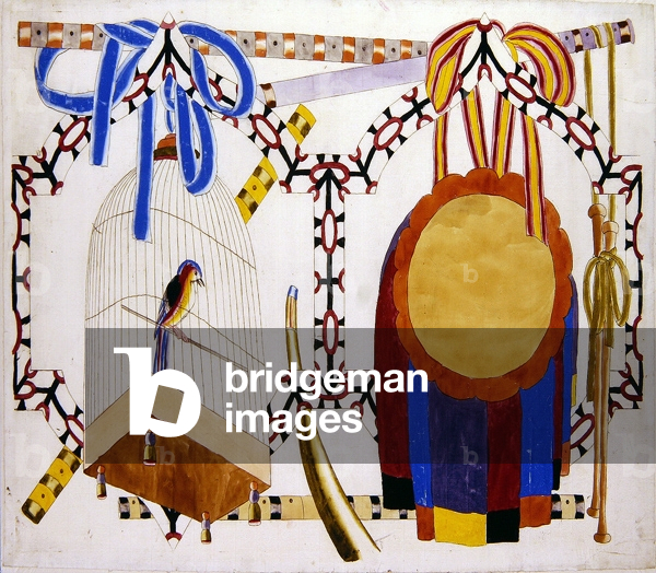 Chinoiserie design with Bird Cage and Musical Instruments (w/c over printed outline on paper)