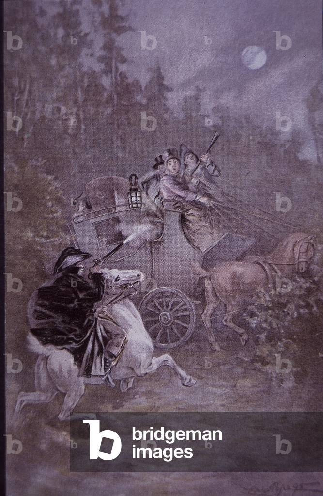 Highwayman holds up stagecoach in the early 19th century (colour litho)