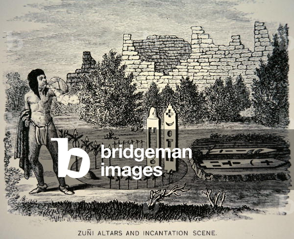 Zuni Tribesman blowing pollen over a Pueblo shrine (engraving)