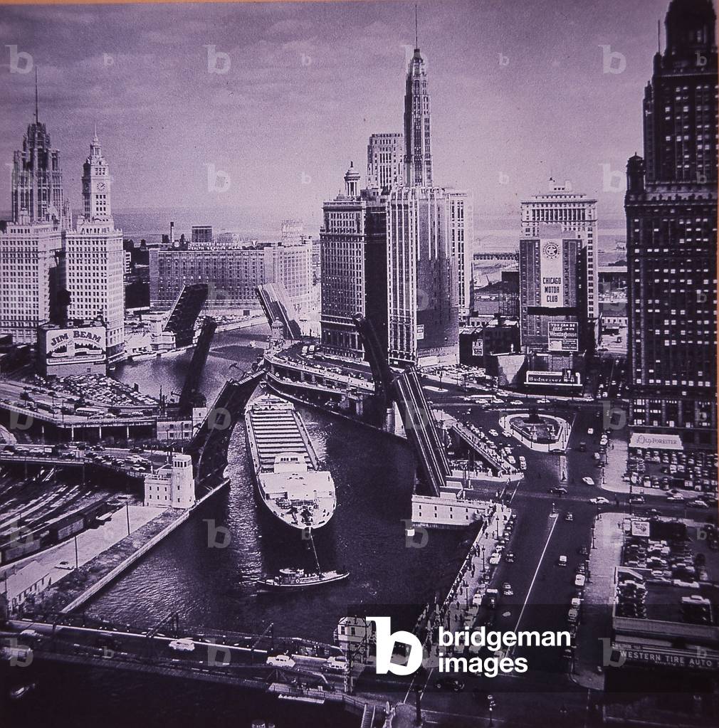 Cargo Ship passing through Chicago River, 1952 (b/w photo)
