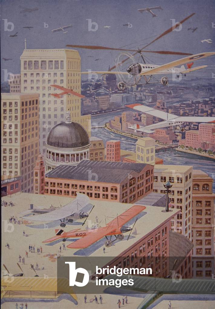 Fanciful prediction of a city of the future dominated by passenger aircraft, 1920 (lithograph)
