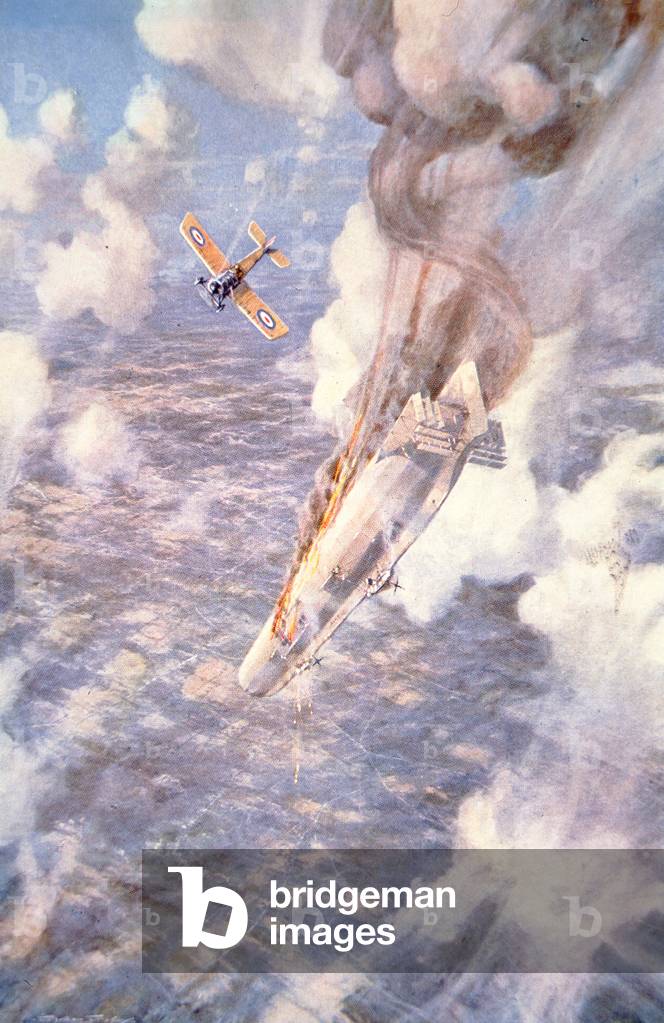 'Death to the Murderers' - Lt Warneford shoots down a Zeppelin raider (colour litho)